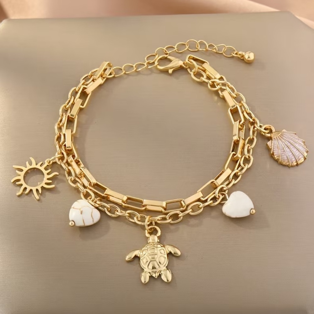 NEW Gold Charm Bracelet with Turtle and Shell Accents 🌊☀️🐢 A4-150